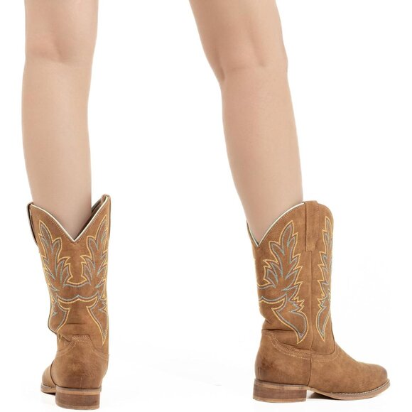 Women's Tan Square Toe Mid Calf Shoes Pull On Fashion Embroidered Western Boots - Picture 7 of 9